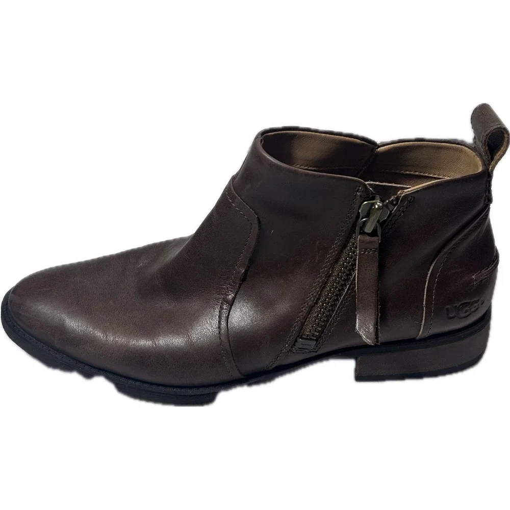 UGG Aureo 1098314 Women's 10 Brown Leather Side Zip Ankle Boots Booties